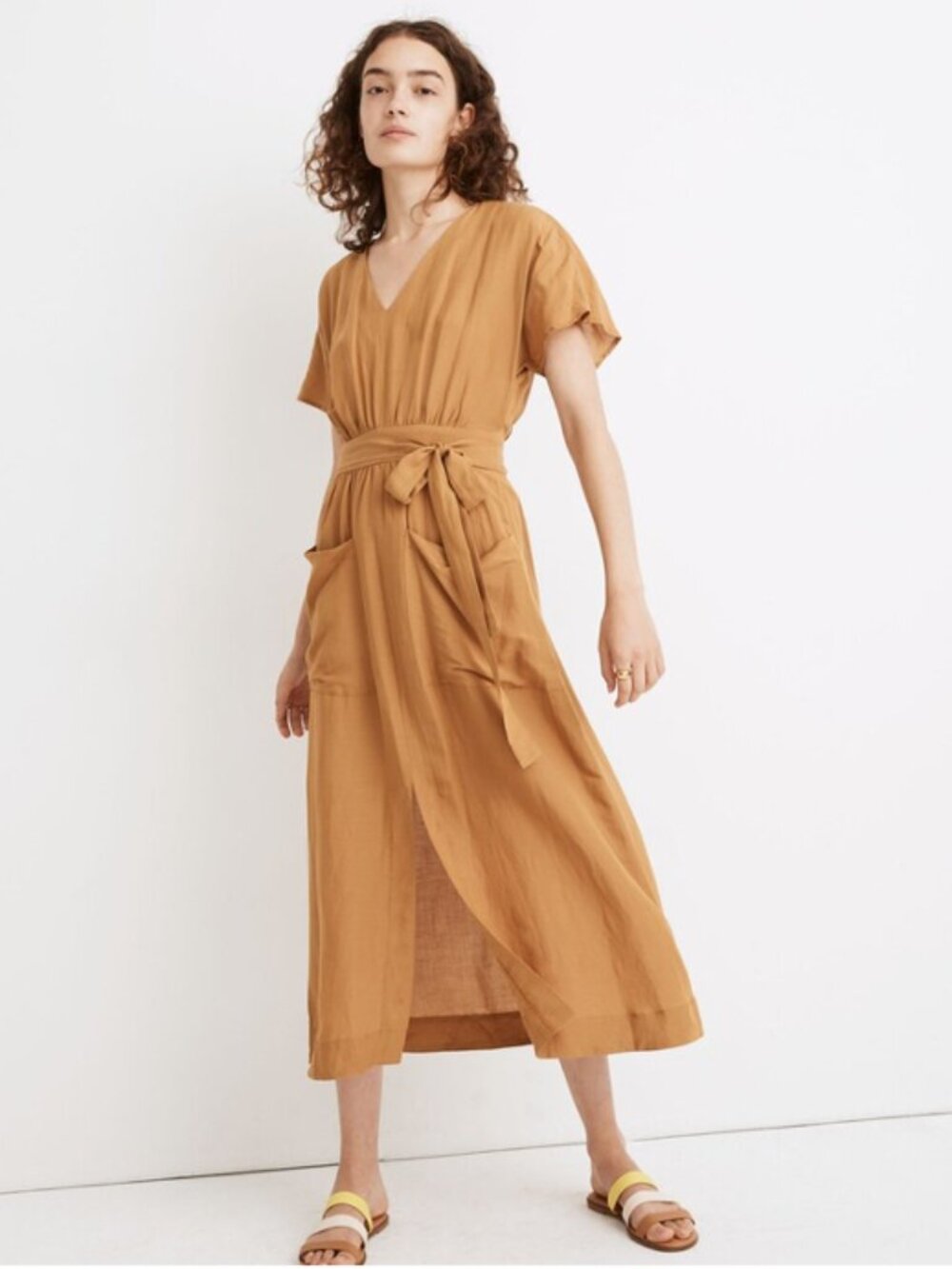 Madewell Linen-Blend Dolman-Sleeve Tie-Waist Midi Dress Toffee Brown Women's 14